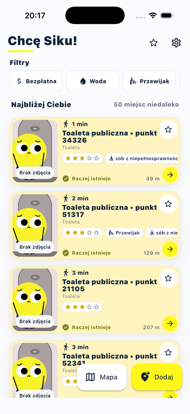 Lista najbliższych toalet